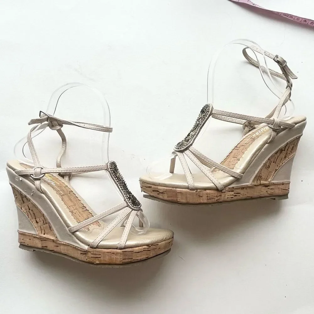 Very Volatile Women’s Beaded Ankle Strap Wedge Heels Cream Tan Size 6